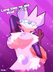2022 5_fingers absurd_res anthro armwear bedroom_eyes big_breasts big_nipples blue_nose braixen breasts claws clothing dialogue english_text eyewear female finger_claws fingers front_view fur glasses half-closed_eyes hand_on_hip heart hi_res inner_ear_fluff latex_armwear looking_at_viewer markings narrowed_eyes nintendo nipples open_mouth pattern_background pokémon_(species) pokemon pokemon_(species) pupils purple_armwear purple_background purple_body purple_clothing purple_fur purple_inner_ear purple_markings purple_nipples purple_pupils red_body red_fur seductive simple_background skweekers smile solo stick striped_background talking_to_viewer text tuft video_games watame_(skweekers) white_claws white_markings