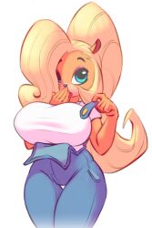 1girls alternate_breast_size anthro big_breasts blonde_hair breasts busty child_bearing_hips coco_bandicoot crash_(series) female female_only furry hips huge_breasts lipstick long_hair makeup nitro overalls ponytail shirt solo thick_thighs thighs wide_hips