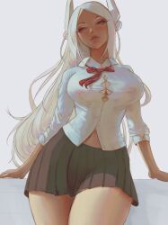 1girls 2022 breasts brown_skin dark-skinned_female dark_skin female female_only fully_clothed hips ignitesart large_breasts long_hair looking_at_viewer miruko my_hero_academia nipples_visible_through_clothing rabbit_ears rabbit_tail red_eyes rumi_usagiyama school_uniform schoolgirl short_skirt simple_background skirt slim_waist solo straining_buttons thick_thighs thighs white_hair white_shirt wide_hips