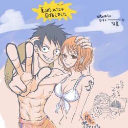 1boy 1boy1girl 1girls artist_request bikini black_hair camera_pov couple curvy_female ear_piercing female holding_others_head holding_partner humor japanese_text looking_at_viewer male monkey_d_luffy muscular_male nami one_piece orange_hair peace_sign posing scar short_hair straw_hat swimming_trunks untranslated wholesome