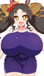 +_+ :d animal_ears bangs blush breasts brown_hair collarbone dot_nose drill_hair eyebrows_visible_through_hair female film_grain gigantic_breasts hairband highres horse_ears horse_girl isemagu marvelous_sunday_(umamusume) neck_ribbon oerba_yun_fang open_mouth ribbon school_swimsuit shortstack side_drill sidelocks simple_background smile solo swimsuit thick_thighs thighs twintails umamusume white_background yellow_eyes