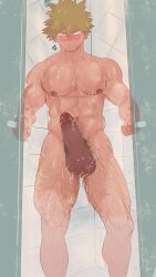 1boy after_shower background big_penis blonde_hair blush blushing_at_viewer body_hair erection katsuki_bakugou looking_at_viewer male_only minkoni2 muscles muscular my_hero_academia nipple_piercing pecs penis piercing pubic_hair shower showering spiky_hair steam thick_penis thick_thighs watermark wet