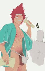 !! 2boys barely_clothed body_hair bulge coat eijirou_kirishima faceless_male flaccid fundoshi haori headwear holding_object male male_only minkoni2 my_hero_academia nipples pubic_hair red_eyes red_hair sharp_teeth unknown_male watermark white_background wink