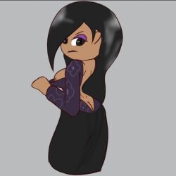 ass_cleavage ass_in_dress back_view black_eyes black_hair black_lips blank_background butt_crack chibi dress electronic_arts eyeshadow floufysins goth goth_girl long_dress long_hair mysims nipple_slip nipples partially_clothed shiny_hair shortstack tease teasing violet_nightshade