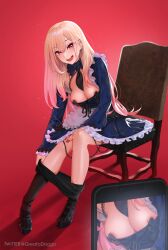 1girls areolae big_breasts blonde_hair breasts eye_contact female female_focus greatodoggo gyaru kitagawa_marin long_fingernails long_hair looking_at_viewer pantyhose pantyhose_down phone sitting solo sono_bisque_doll_wa_koi_wo_suru thighs