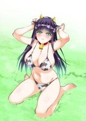 adashino_benio big_breasts blush breast_expansion breasts cow_bell cow_bikini cow_ears embarrassed grass looking_at_viewer thick_thighs