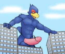 1boy avian bird blue_body building city erection falco_lombardi genitals hi_res jrjresq looking_down macro male_only nintendo penile penis penis_riding siman-clifton star_fox video_games