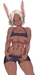 1girls abs alternate_hair_length alternate_hairstyle animal_ears athletic_female bangs blush breasts breasts_out bunny_ears dark-skinned_female dark_skin female female_only kemonomimi large_breasts looking_at_viewer miruko muscular muscular_female my_hero_academia navel parted_bangs red_eyes rumi_usagiyama shadertoons shirt_lift short_hair short_shorts shorts solo sweat tail tank_top toned white_background white_hair