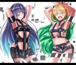 2girls adashino_benio armpits arms_up black_tape breast_squeeze eyepatch female female_only flat_chested long_hair multiple_girls otomi_mayura sousei_no_onmyouji twin_star_exorcists