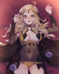 1boy 1girls absurdres ahoge ass_visible_through_thighs asymmetrical_bangs bangs bed blonde_hair blush bodystocking breasts bridal_gauntlets cape commission covered_navel disembodied_limb female female_focus fire_emblem fire_emblem_fates fire_emblem_heroes gloves grey_eyes highres kiran_(fire_emblem) kiran_(fire_emblem)_(male) lying male_hand medium_breasts midriff nintendo non-web_source on_back open_mouth ophelia_(fire_emblem) panties pov ritence turtleneck underwear yellow_panties