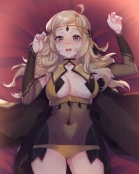 1girls absurdres ahoge ass_visible_through_thighs asymmetrical_bangs bangs bare_thighs bed blonde_hair blush bodystocking breasts bridal_gauntlets cape commission covered_navel female female_only fire_emblem fire_emblem_fates fire_emblem_heroes grey_eyes highres lying male_hand medium_breasts midriff nintendo non-web_source on_back open_mouth ophelia_(fire_emblem) panties pov ritence solo thighs turtleneck underwear yellow_panties