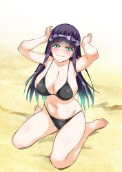 1girls adashino_benio beach bikini bikini_bottom bikini_top blush embarrassed female female_only hairpin long_hair looking_at_viewer sand solo sousei_no_onmyouji tears thick_thighs twin_star_exorcists