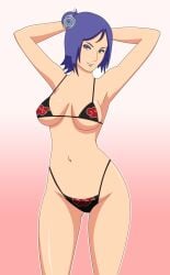 1girls akatsuki_(naruto) arms_behind_head arms_up bikini bikini_bottom bikini_top black_bikini black_panties black_swimsuit black_thong bob_cut breasts cleavage clothing eyeshadow female female_focus female_only g-string hair_bun hair_flower konan light-skinned_female light_skin looking_at_viewer makeup medium_breasts medium_hair micro_bikini naruto naruto_(series) naruto_shippuden orange_eyes panties pervyangel piercing pinup pose posing purple_hair revealing_clothes shoulder_length_hair shounen_jump sideboob skimpy skimpy_bikini skimpy_clothes solo solo_female solo_focus standing swimsuit thighs thong tied_hair underboob