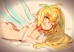 1girls accessory ass blonde_hair blush bodily_fluids bow bow_(artist) cum fairy female genital_fluids genitals green_bow hair hair_accessory hair_ribbon hairbow humanoid insect_wings long_hair nude ribbons simple_background smile solo thumbs_up tongue white_background white_body winged_humanoid wings