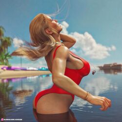 1girls 3d blonde_hair bracelet clothed clothing depth_of_field female female_only large_breasts lexx228 lifeguard long_hair one-piece_swimsuit outdoor outdoors outside pinup red_one-piece_swimsuit red_swimsuit side_view slushe_(website) solo solo_female standing standing_in_water swimsuit water