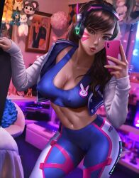 1girls abs blizzard_entertainment breasts brown_eyes brown_hair cameltoe cellphone cleavage d.va female female_focus female_only high_resolution highres hips korean large_breasts leggings logan_cure nipple_bulge overwatch selfie solo sports_bra sweat wide_hips