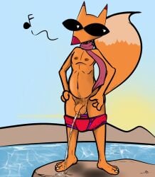 absurd_res anthro balls bodily_fluids body_hair canid canine cartoon_network casual_nudity clothed clothing courage_the_cowardly_dog fox genital_fluids genitals hairy_balls happy_trail hi_res illegaleel male mammal outside partially_clothed peeing pubes public_urination scarf solo the_cajun_fox underwear underwear_down urine urine_stream whistling