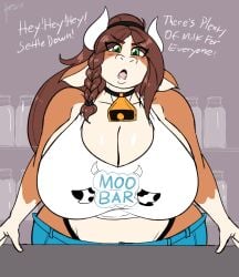 1girls 2018 abby_(jwinkz) bar bartender big_breasts breasts brown_hair cleavage cow_ears cow_girl cow_horns cowbell curvaceous curvy english english_text eye_contact female female_focus female_only furry green_eyes hips horns huge_breasts jwinkz large_breasts long_hair looking_at_viewer milk original original_character signature solo solo_female solo_focus text text_on_clothing text_on_shirt voluptuous watermark wide_hips