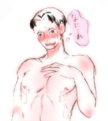 1boy attack_on_titan black_hair_male blush embarrassed male_only marco_bodt naked nipples_outside saliva_on_breasts saliva_trail shingeki_no_kyojin tears wet_nipples