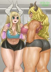 2girls ass big_breasts blonde_hair breasts female female_only horns long_hair muscular_female my_hero_academia shorts shosho_oekaki standing sweat thick_thighs thighs tight_clothing tsunotori_pony ushi_walker_(mha_quest) wide_hips