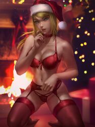 blonde_hair bra breasts choker cleavage female female_only g-string garter_belt high_resolution highres lingerie logan_cure looking_at_viewer metroid nintendo panties red_lingerie red_stockings samus_aran santa_hat solo stockings thighhighs tomboy