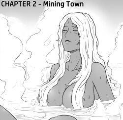 /// 1girls bathing big_breasts blush breast dark-skinned_female english_text eyess_closed female female_only godiva_hair governor_seta greyscale hair_covering_nipples henlp knees light_hair long_hair nude nude_female partially_submerged queens_of_harem steam text water wet