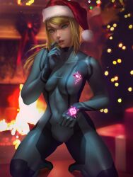 1girls athletic_female big_breasts blonde_hair breasts christmas clothed_female female female_focus female_only green_eyes high_resolution highres kneeling large_breasts logan_cure looking_at_viewer metroid muscles muscular muscular_female nintendo samus_aran solo tight_clothing tomboy zero_suit zero_suit_samus