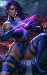 1girls action_pose breasts cleavage female female_only high_resolution highres logan_cure looking_at_viewer marvel psylocke solo spread_legs straight_hair x-men