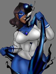 1girls addeeznut5 alternate_version_available big_breasts blue_eyes bodysuit breasts brown_hair clothed dark-skinned_female dark_skin eye_mask female female_only front_view fully_clothed gloves large_breasts long_gloves marvel mask original_character seaworthy short_hair solo solo_female straight_hair superhero superheroine symbiote thighs venom_(marvel)