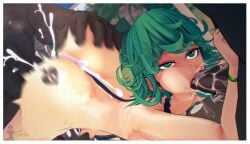 1girls 2boys 3d ass big_ass big_butt big_penis blackflames3 blowjob cum cum_in_pussy dark-skinned_male dark_skin female green_eyes green_hair interracial mmf_threesome one-piece_swimsuit one-punch_man penis queen_of_spades tagme tatsumaki tattoo thick_thighs threesome