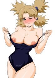 1girls big_breasts blonde_hair breasts breasts_out female_only huge_breasts kakalot595850 long_hair looking_at_viewer naruto naruto_(series) naruto_shippuden one-piece_swimsuit one_eye_closed quad_tails school_swimsuit smile strap_pull swimsuit swimsuit_pull temari tied_hair undressing wide_hips