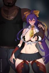 1boy 1girls alternate_version_available areola_slip artist_name blazblue blue_hair breast_grab dark_skin faceless_male heart-shaped_pupils highres interracial lewdgatta looking_at_viewer mai_natsume microskirt midriff netorare nipples panties queen_of_spades revealing_clothes ring skirt symbol-shaped_pupils