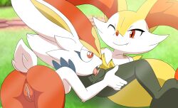 2girls absurd_res anthro ass braixen breasts buckteeth cinderace cunnilingus duo female female/female female_only fur furry furry_only genitals hi_res lying naked nintendo nude on_back one_eye_closed oral pokémon_(species) pokemon pokemon_(species) pussy sex smile snaggle_tooth spread_legs spreading tail teeth tongue tongue_out vaginal_penetration video_games wesambjusdem yuri