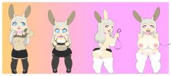 absurd_res anthro ass bimbo bimbofication blue_eyes breast_expansion breasts clothed clothing collar cream_hair expansion female fur genitals hair hi_res lagomorph leash legwear leporid mammal partially_clothed pink_eyes pussy rabbit razzybun sequence solo solo_focus stockings tan_body tan_fur transformation