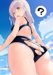 1girls ? ass ass_cleavage back bangs bare_shoulders black_swimsuit blue_eyes blue_sky blush breasts bursting_ass butt butt_crack day female highres kekemotsu large_breasts long_hair looking_at_viewer looking_back one-piece_swimsuit open_mouth original school_swimsuit sky solo spoken_question_mark swimsuit torn_clothes torn_swimsuit wardrobe_malfunction water_slide wet