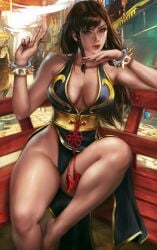 1girls alternate_costume alternate_hairstyle bangs bare_arms bare_legs bare_shoulders barefoot big_breasts black_nails bracelet bracelets breasts brown_eyes brown_hair capcom chun-li chun-li_(battle_ouffit_sfv) cleavage clothed clothing dress feet_out_of_frame female female_focus female_only hair_down head_on_hand high_resolution highres hips large_breasts legs logan_cure long_hair looking_at_viewer nail_polish nails peace_sign sitting sitting_on_bench solo solo_female solo_focus spiked_bracelet spiked_bracelets street_fighter street_fighter_v thick_legs thick_thighs thighs thunder_thighs underwear