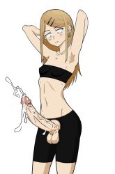 1futa 1puuuuuu arms_behind_head arms_up balls big_penis blonde_hair clothed clothing cum dagashi_kashi edit ejaculation endou_saya_(dagashi_kashi) erection futa_only futanari hands-free handsfree_ejaculation human light-skinned_futanari light_skin long_hair mostly_clothed pale_skin penis small_breasts standing testicles