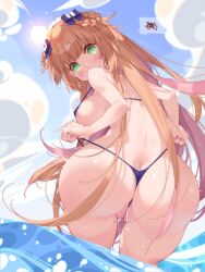 after_sex ass bikini blue_bikini blue_bow blue_sky bow breasts brown_hair censored cloud cum cum_in_ass day from_behind green_eyes hairbow highres indie_virtual_youtuber large_breasts long_hair looking_at_viewer looking_back mochicomame mosaic_censoring sideboob sky swimsuit virtual_youtuber waterring