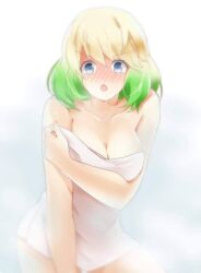 1girls bathing blush cleavage covering female female_only fog looking_at_viewer otomi_mayura solo sousei_no_onmyouji towel twin_star_exorcists wet white_background