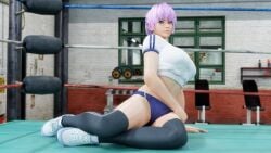 3d ayane_(doa) big_breasts black_stockings clothed_female clothes dead_or_alive den549 gym indoors purple_hair red_eyes school_uniform schoolgirl stockings thighhighs