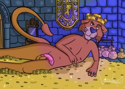 anthro bedroom_eyes castle_wall crown disney felid genitals gold_(metal) hi_res lion lionclaw looking_at_viewer male male_only mammal money money_bag narrowed_eyes pantherine penile_spines penis pile_of_gold prince_john ring_(jewelry) robin_hood_(disney) seductive solo tapestry