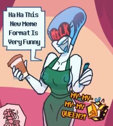 2021 aboredsnek apron background beauty_mark big_breasts black_visor blue_lipstick blue_nipples blue_skin deltarune deltarune_chapter_2 dialogue eyes_covered female iced_latte_with_breast_milk lactation mature_female meme milf naked_apron pale-skinned_female queen_(deltarune) robot robot_girl solo swatch_(deltarune) text that_is_not_berdly! visor white_body