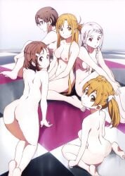 ayano_keiko black_hair breasts brown_hair edit female_only lisbeth multiple_girls naked orange_hair shigemura_yuuna shinozaki_rika silica sinon sword_art_online white_hair yuna_(sao) yuuki_asuna