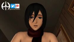 1boy 2girls 3d animated annie_leonhardt areola attack_on_titan breasts cowgirl_position eren_jaeger eye_contact female_titan hentaihermit large_breasts mikasa_ackerman moaning pov red_scarf scarf sex shingeki_no_kyojin sound tagme vaginal_penetration video voyeur watching