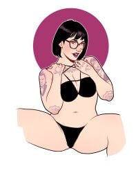 1girls black_hair blue_eyes blush bra glasses goth goth_girl lipstick looking_at_viewer navel numitor open_mouth panties parted_lips pinup rosy_cheeks simple_background solo spread_legs stomach tattoos thick_thighs underwear