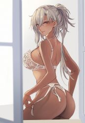 1girls adjusting_underwear ass bra brown_eyes butt dark-skinned_female dat_ass female g-string garter_belt garter_straps glasses highres indoors kantai_collection kasumi_(skchkko) long_hair looking_at_viewer looking_back musashi_(kantai_collection) orange_eyes petite ponytail red_eyes shoulder_blades solo thong tied_hair underwear underwear_only white_bra white_hair window