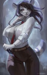 anthro belt belt_buckle black_hair blade blood breasts face_markings feline feline_humanoid female female_only juliathedragoncat meiluo_(fallenplum_tiger) red_eyes red_tie solo solo_female tagme tail tiger white_fur white_shirt