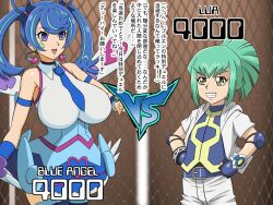 1boy 1girls blue_angel blue_angel_(yu-gi-oh) blue_hair clothing curvy earrings glamour_works green_hair heart hips huge_breasts japanese_text legwear leo_(yu-gi-oh!) leo_yu-gi-oh!_5d's lua_(yu-gi-oh!) smile text uniform yu-gi-oh! yu-gi-oh!_5d's yu-gi-oh!_vrains zaizen_aoi