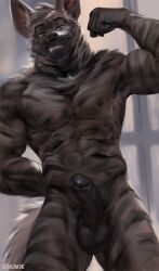 1boy 2022 abs anthro balls black_stripes chunie detailed_background digital_media_(artwork) erection flexing_bicep foreskin genitals hi_res humanoid_genitalia humanoid_penis hyaenid looking_at_viewer male male_only mammal muscular muscular_anthro muscular_male nipples nude penis retracted_foreskin smile solo striped_hyena stripes