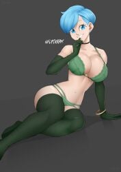 1girls 2022 artist_signature blue_eyes blue_hair bra breasts bulma_briefs dragon_ball dragon_ball_super female female_only flytrapxx green_bra green_panties hi_res hips huge_breasts looking_at_viewer mature_female milf panties short_hair simple_background slim_waist smile solo thick_thighs thighhighs thighs wide_hips